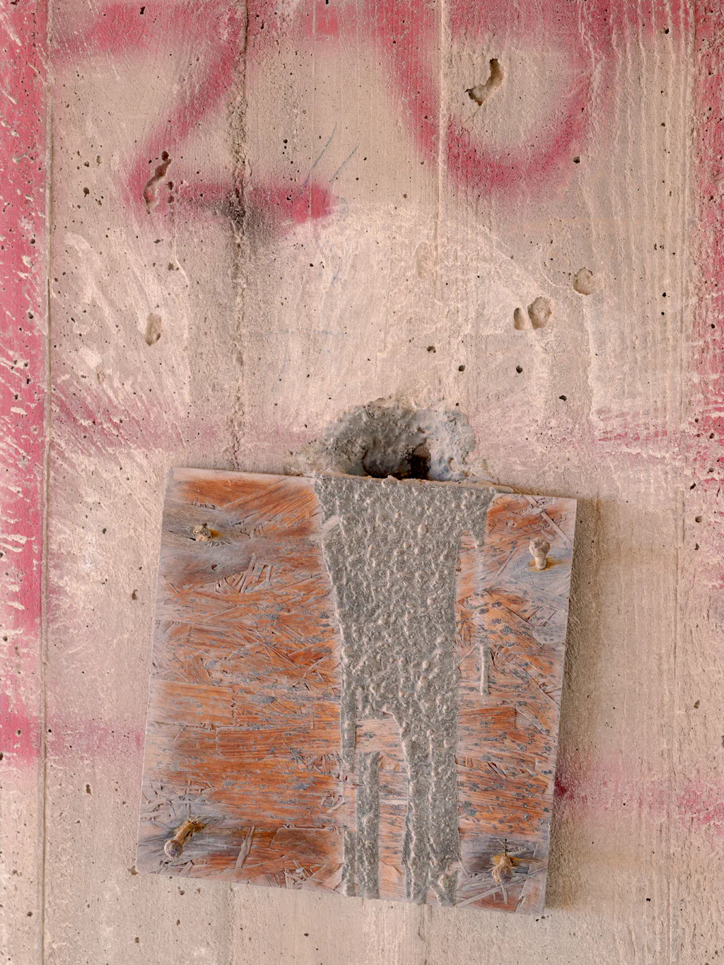Concrete wall marked with pink spray paint, a wedge of timber set into it
