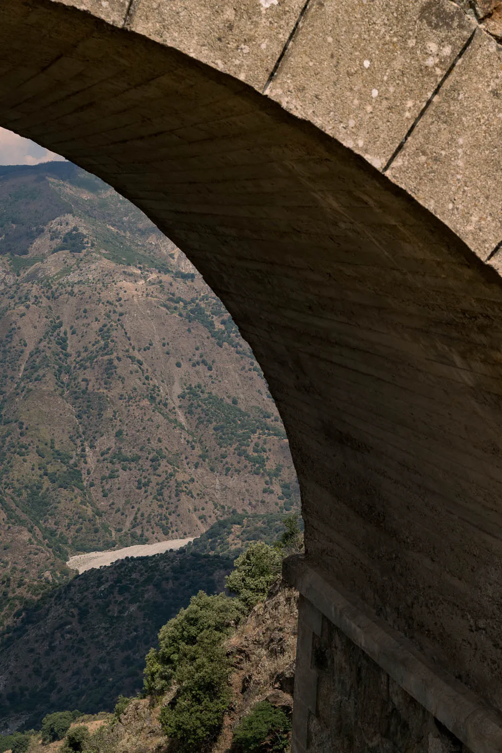 The arch of a stone bridge framing a wooded valley in the Aspromonte