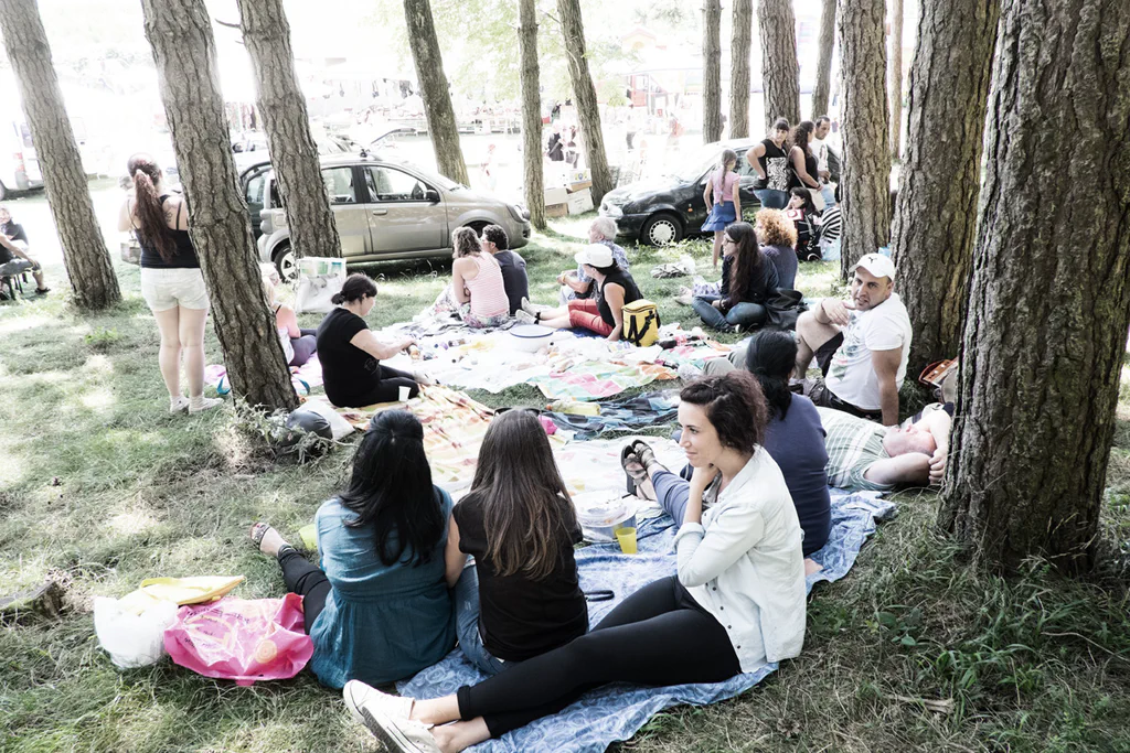 Families picnicking on blankets in the shade of the pines