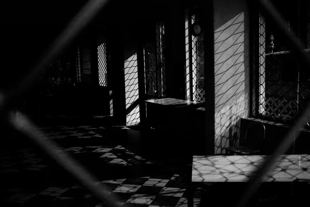 Empty tiled room seen through a grille