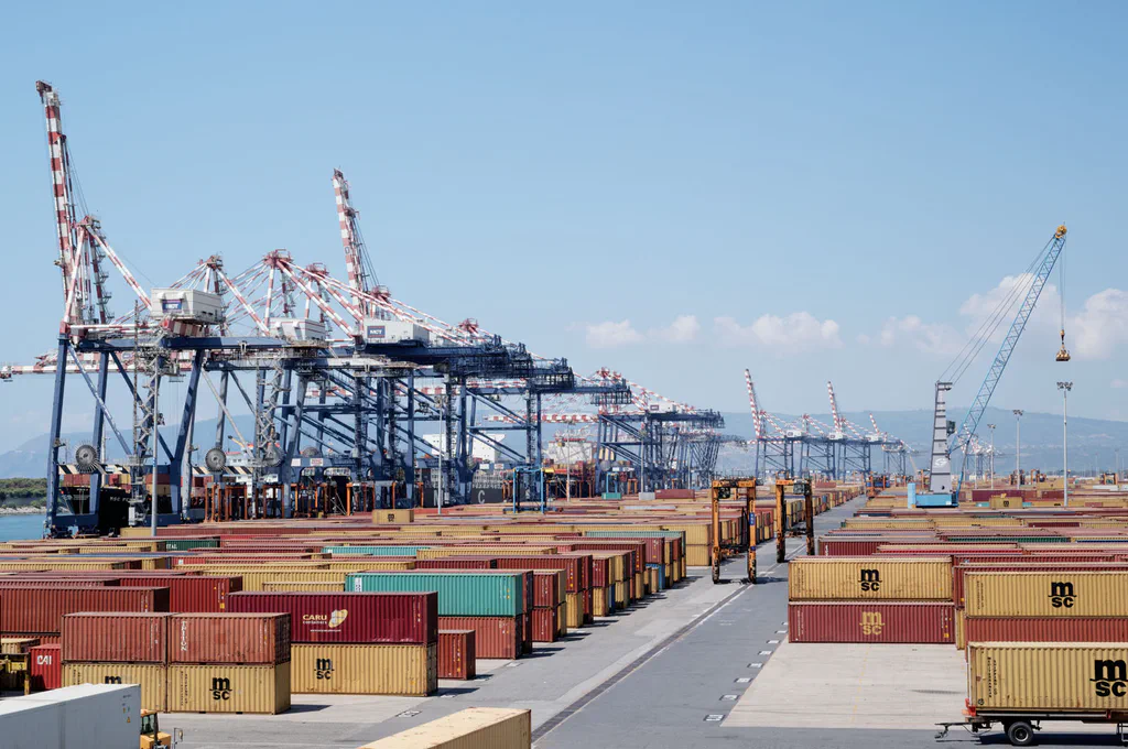 Gantry cranes and rows of containers on the quay at the port of Gioia Tauro