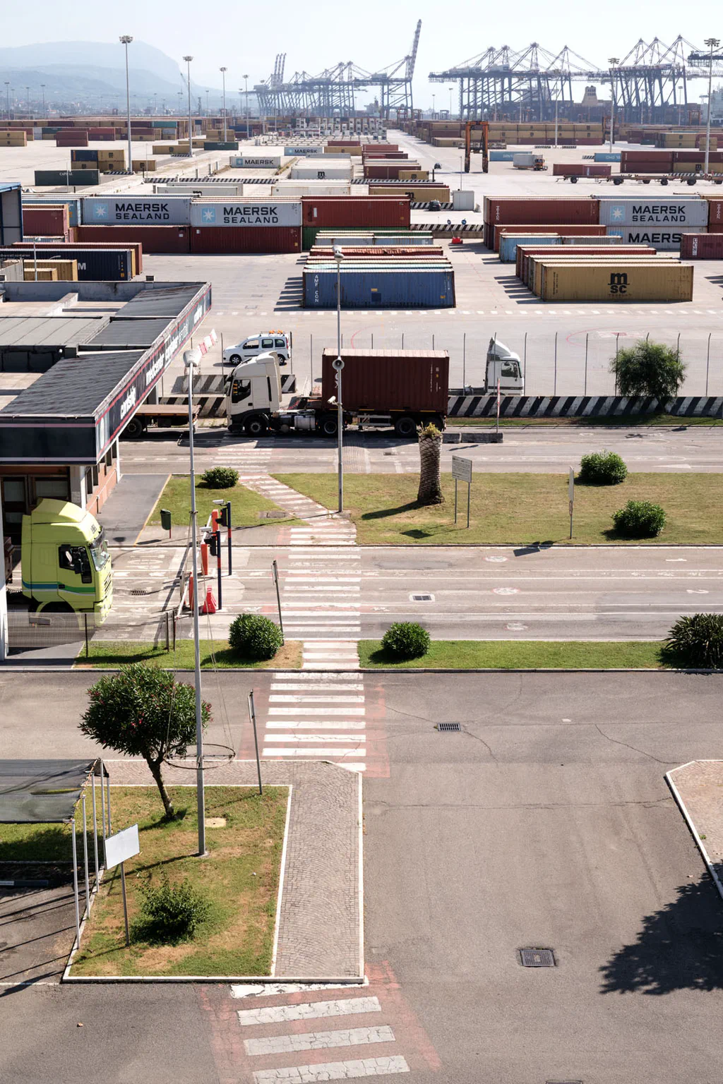 Road and pedestrian crossing inside the port, containers and cranes behind