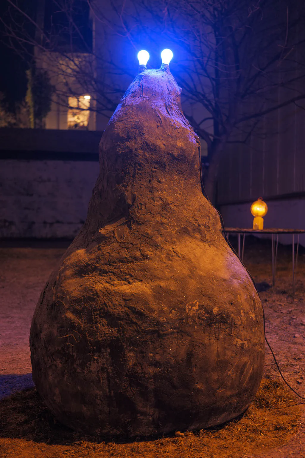 Boulder in a yard lit from below, two blue lamps burning on its top like eyes
