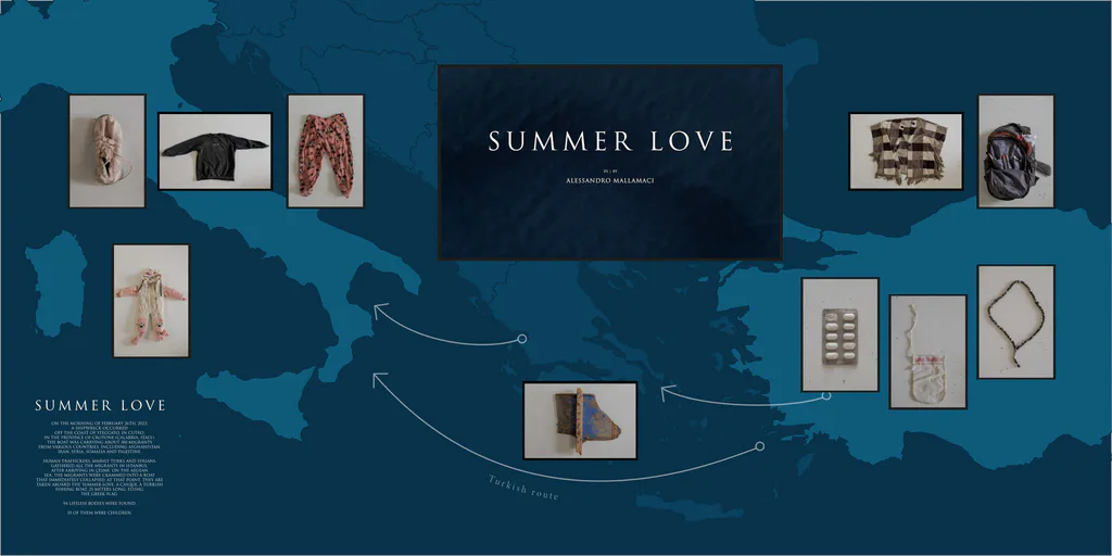 Exhibition design for Summer Love: the photographs of the belongings hung around a central screen on a map of the Mediterranean, arrows tracing the Turkish route from Istanbul to the Calabrian coast