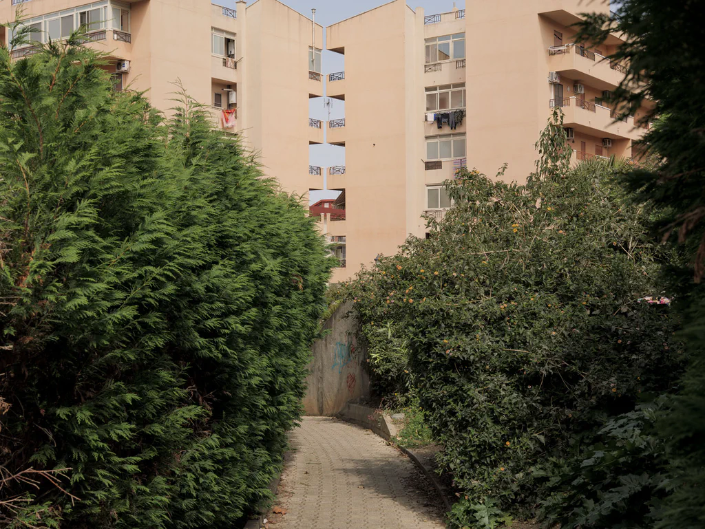 Overgrown path between two apartment blocks