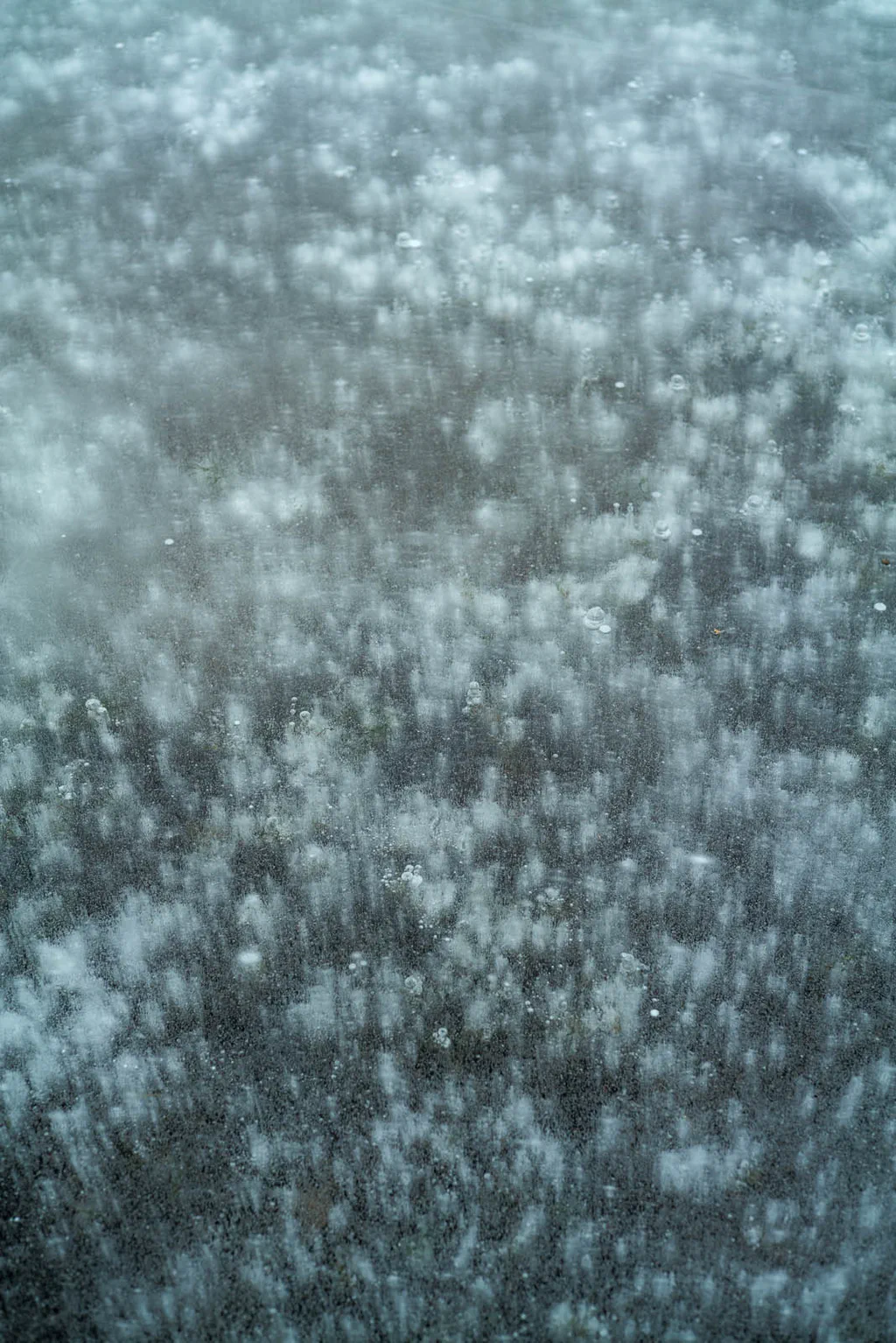 Pale blue ice scattered with bubbles frozen beneath the surface