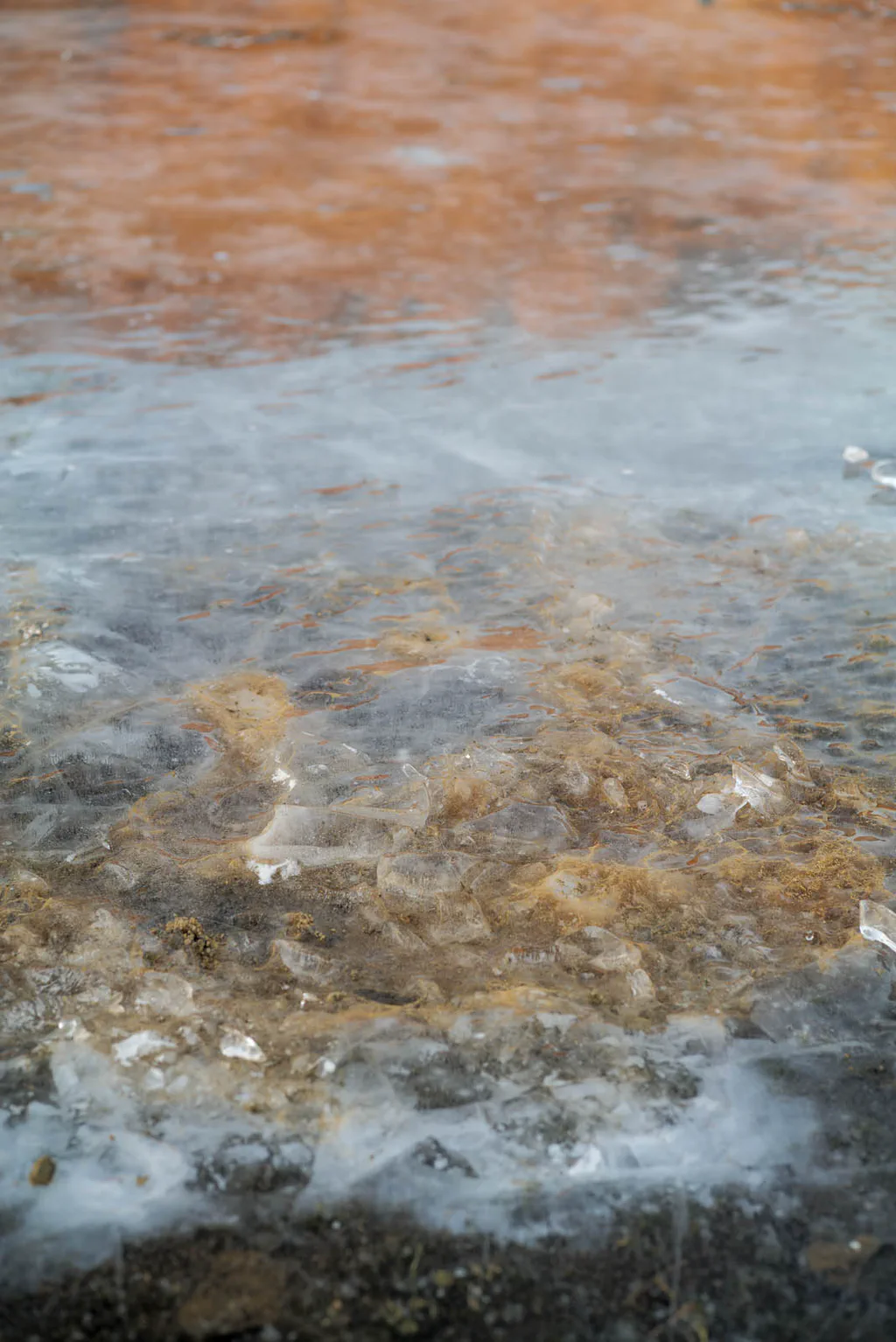 Shallow water running over a rust-coloured mineral bed