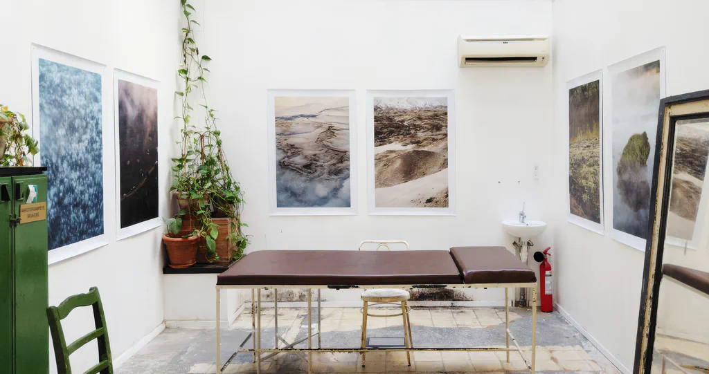 The Longest Sunset installed in a tattoo studio in Reggio Emilia: six unframed prints in pairs on three white walls, an old examination couch and plants in the room