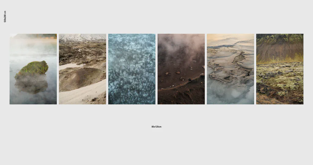 Exhibition design for The Longest Sunset: six vertical prints hung side by side along one wall