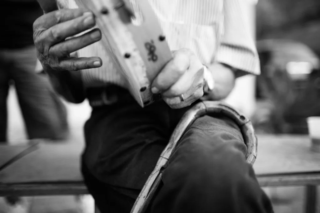 Hands working the bellows and keys of an accordion