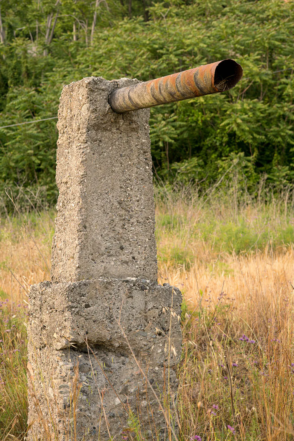 Concrete pillar with a rusted pipe jutting from it, standing in a dry meadow