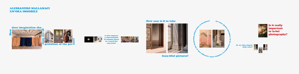 Exhibition design for Un’ora immobile: prints, texts and circular diagrams set along a wall
